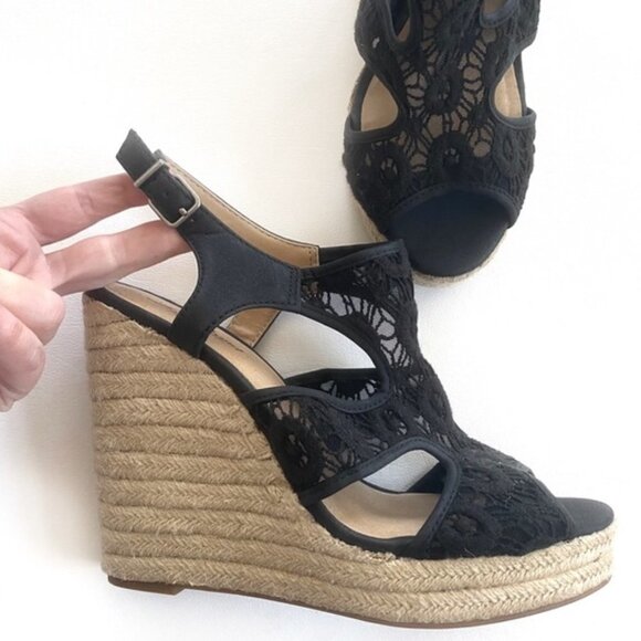 Lucky Brand Black Ranette Crochet Wedge Sandals 9 - Picture 7 of 8